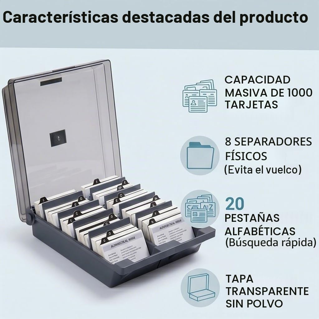 Caja de Organizadora para Tarjetas de Visita,1000 Hojas Capacidad Caja para Tarjeta de Visita con 4 separadores Y Clasificación de Letras A-Z para Escritorio