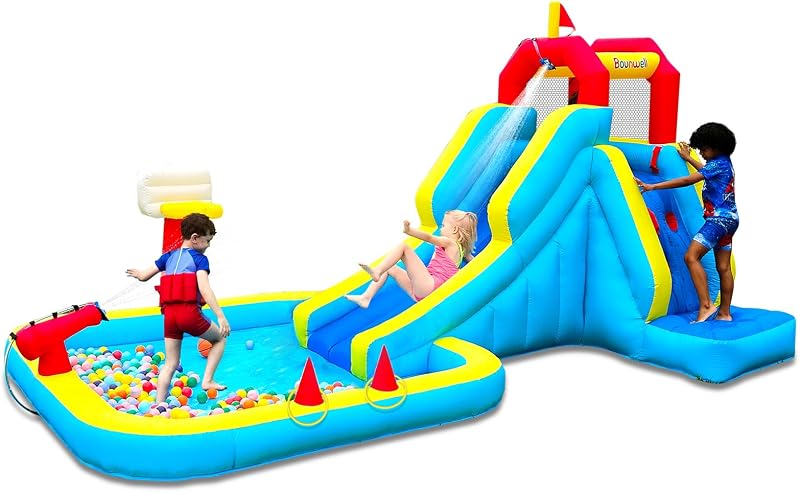 Tobogán acuático inflable, tobogán acuático inflable con muro de escalada, tobogán acuático para niños en el patio trasero con aro de baloncesto, cañón de agua y pileta de chapoteo