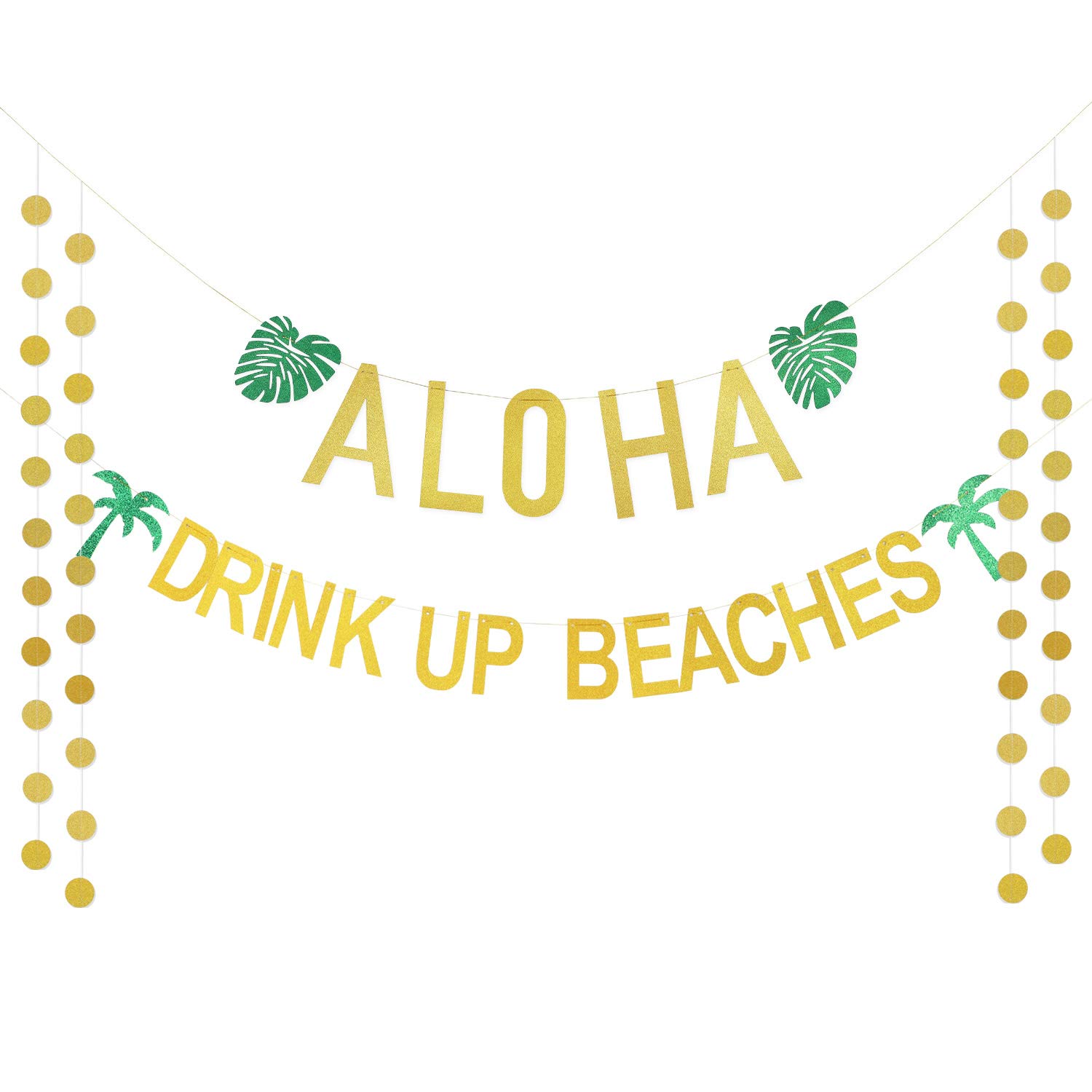 Large Gold Glittery Aloha Banner and Drink Up Beaches Coconut Tree Banner for Hawaiian Aloha Beach Summer Party Decorations
