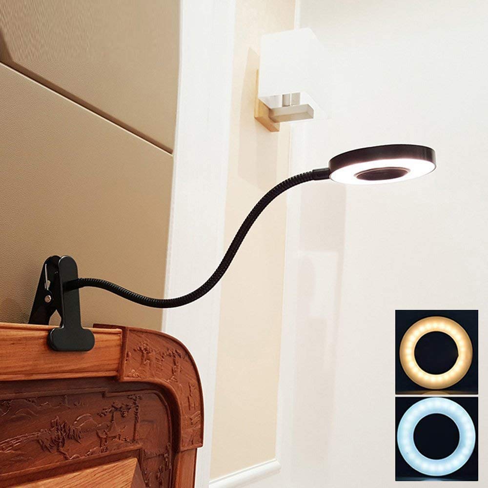 Depuley 6W - Lámpara de escritorio USB Clipsable con pinza de lectura en cama, luz blanca cálida y fría, cuello de cisne flexible de metal negro (adaptador no incluido) [Clase energética A++]