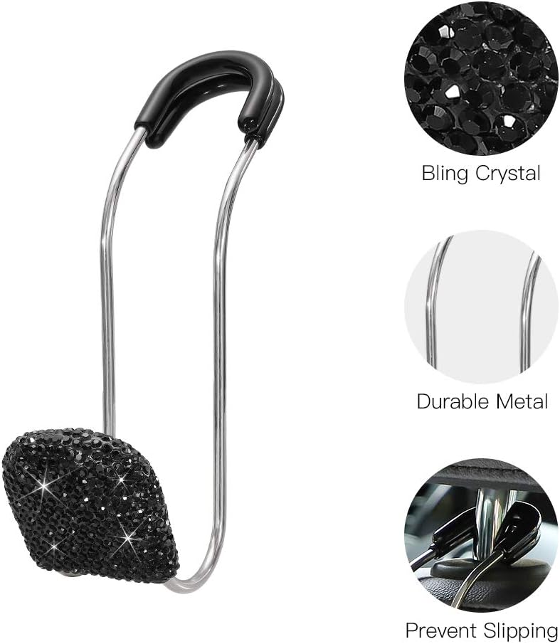 SAVORI Car Headrest Hooks Bling Car Accessories Rhinestones Universal Auto Back Seat Headrest Metal Hanger Organizer Vehicle Holder for Bag Purse Clothes Grocery 2PCS (Black)