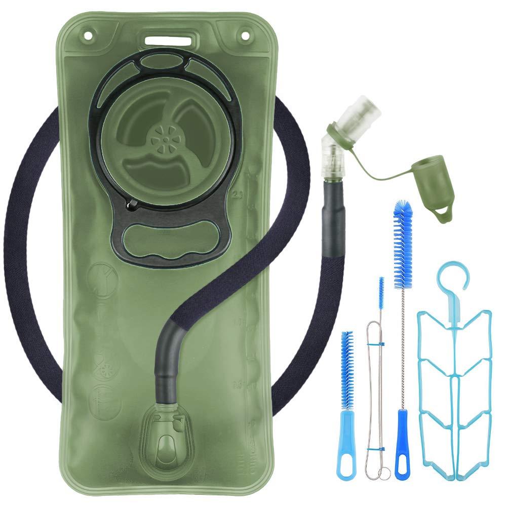 Hydration Bladder 2L Leakproof 2 Liter Water Reservoir, Military Green Water Storage Bladder Bag with Insulated Tube for Hydration Backpack, for Outdoor Hiking Camping Running Cycling, Cleaning Kit