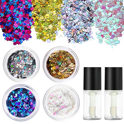 PIXNOR Holographic Chunky Body Glitter 4 Colors Cosmetic Glitters with 2pcs Long Lasting Fix Gel for Festival face,Makeup,Body,Hair,Nail and Other Occasions Decoration