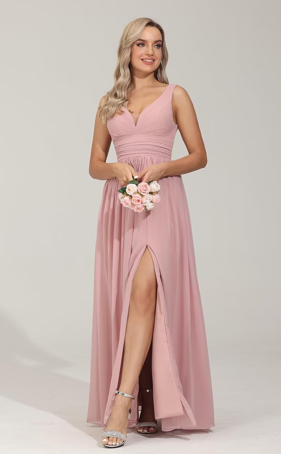 V Neck Bridesmaid Dresses Chiffon Long Wedding Guest Dresses A Line Formal Evening Dress with Slit,R53