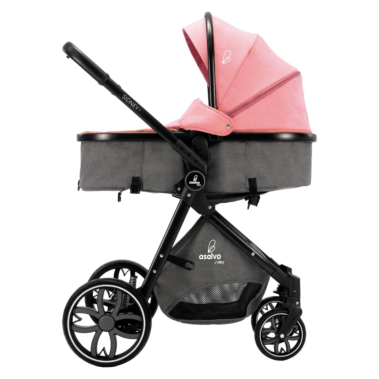 Asalvo SIDNEY 2 Trío Convertible 3 en 1, Silla de paseo, Carrito de bebé, Silla de Auto, Confortable, Segura, Capota extensible, Suspensión en las Ruedas, Freno trasero, Carga Máxima 23 kg, Rosa