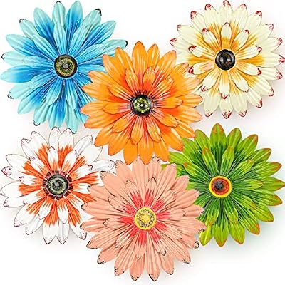 Zhehao 6 Pcs Metal Flower Wall Art Decor 8 Inch Sunflower Wall Decorations Hanging Outdoor Metal Wall Art Multicolored Handmade Metal Flowers Outdoor Decor (Elegant Color)