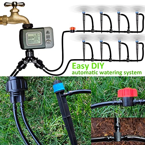 Automatic Drip Irrigation Kit With Water Timer 65.5Ft 1/4 Tubing And 16 Gushing Springs Watering Automatic Garden Watering System For Potted Plants Yard Lawn Black #TOP3