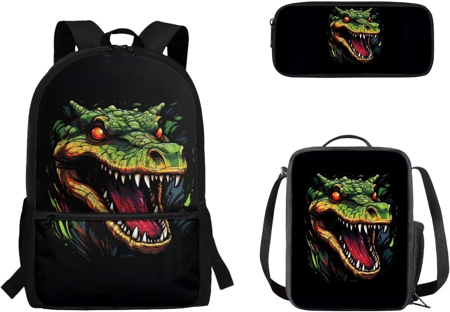Biyejit Crocodile Print Kids Backpack Teens Bookbag Large Capacity Schoolbag With Lunch Bag Pencil Bag Set For Boys And Girls 17 Inches