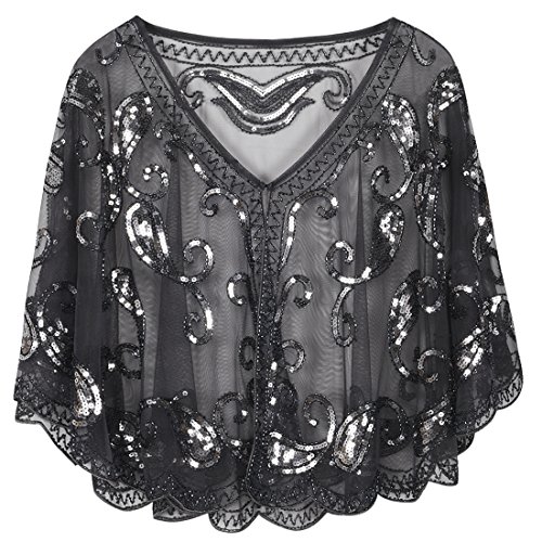 PrettyGuide Women's 1920s Sequin Shawls Sparkly Flapper Evening Wrap Cape