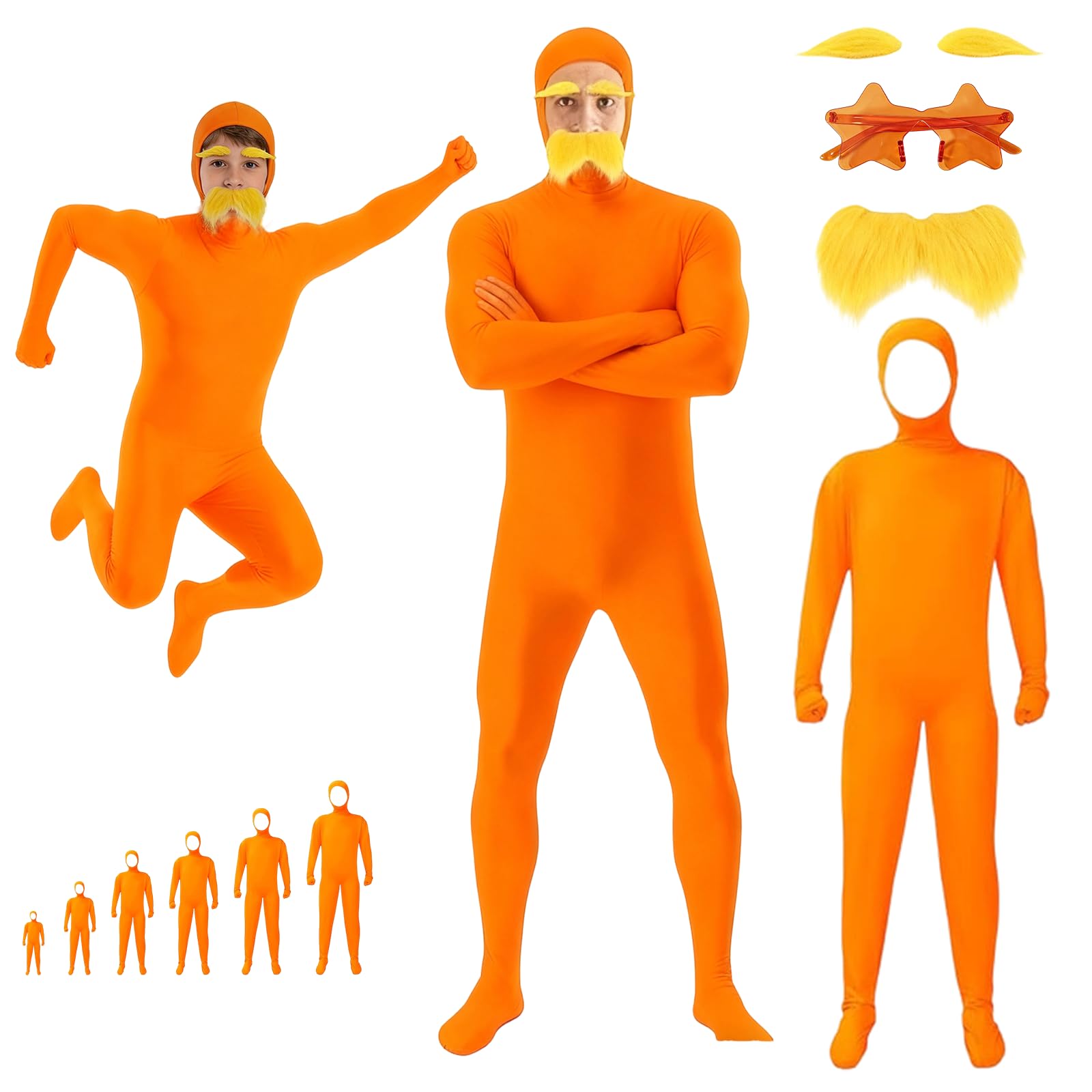 DVDVBOOM Orange Bodysuit Costume Unisex, Slenderman Costume with Beard,Eyebrows and Star Glasses, Open Face Cosplay Jumpsuit for Halloween, Carnival and Theme Party (XXXL)