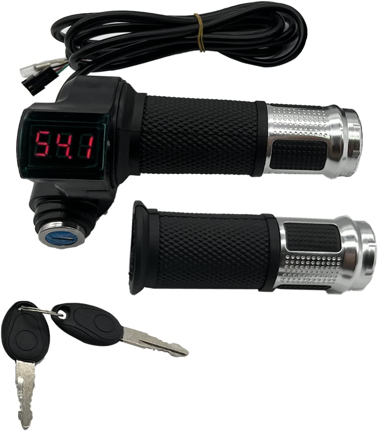 1 Pair EBike Throttle Grip, Universal Electric Bicycle Scooter Twist Handlebar with LCD Battery Voltage Display Key Knock, 12V-84V Electric Bike Throttle Grip for Motorbike Motorcycle E-Bike