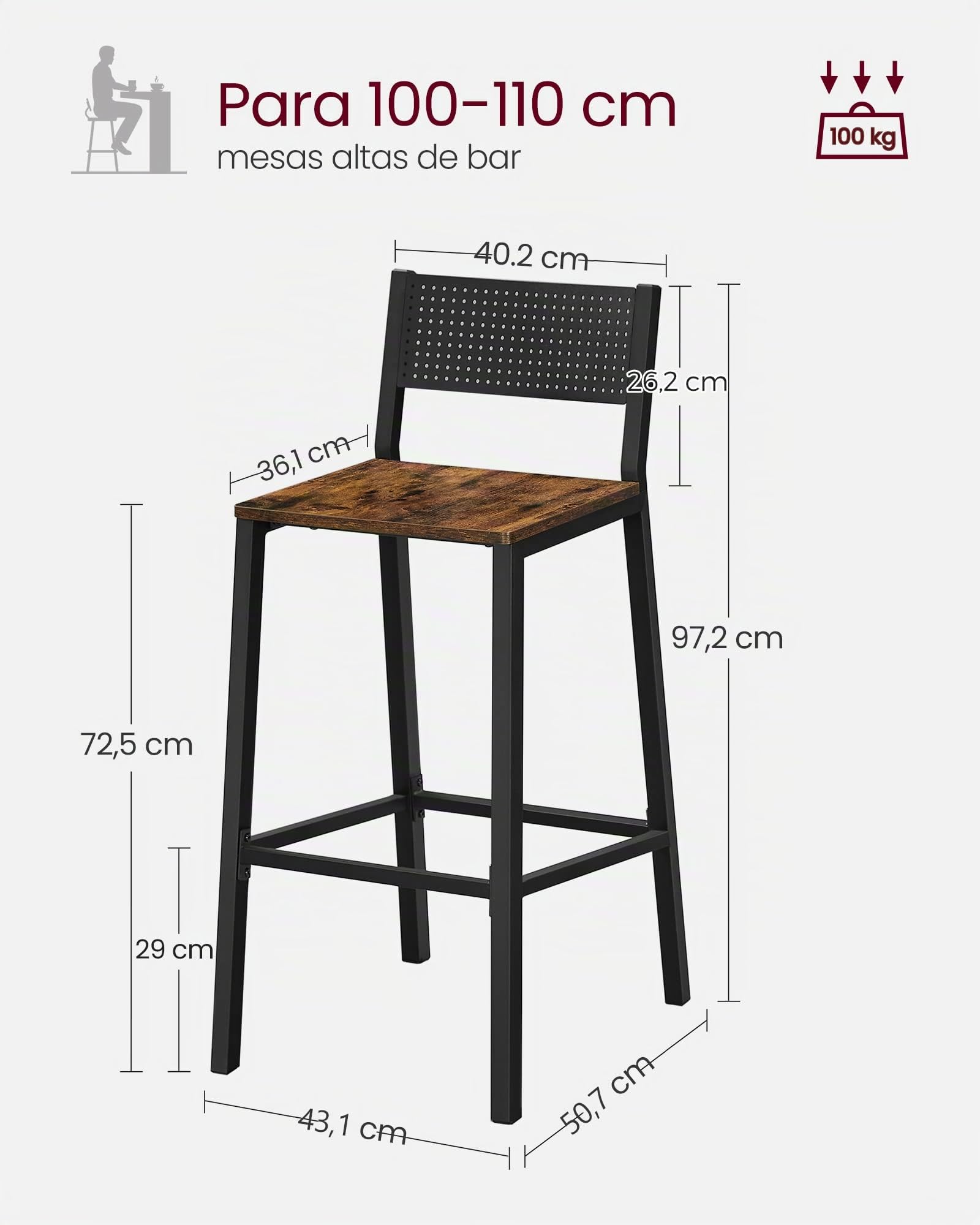 VASAGLE Taburete de Bar, Juego de 2, Taburetes Altos de Cocina, para Cocina, Comedor, Oficina, Estilo Industrial, Marrón Rústico y Negro LBC070B01