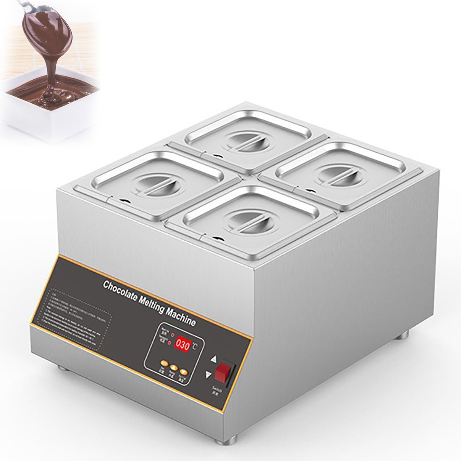 Tempéreuse à Chocolat, Machine à Fondre Le Chocolat Commerciale de 12 kg, contrôle de la température de 0 à 85 °C, 4 cuves,4 Pots