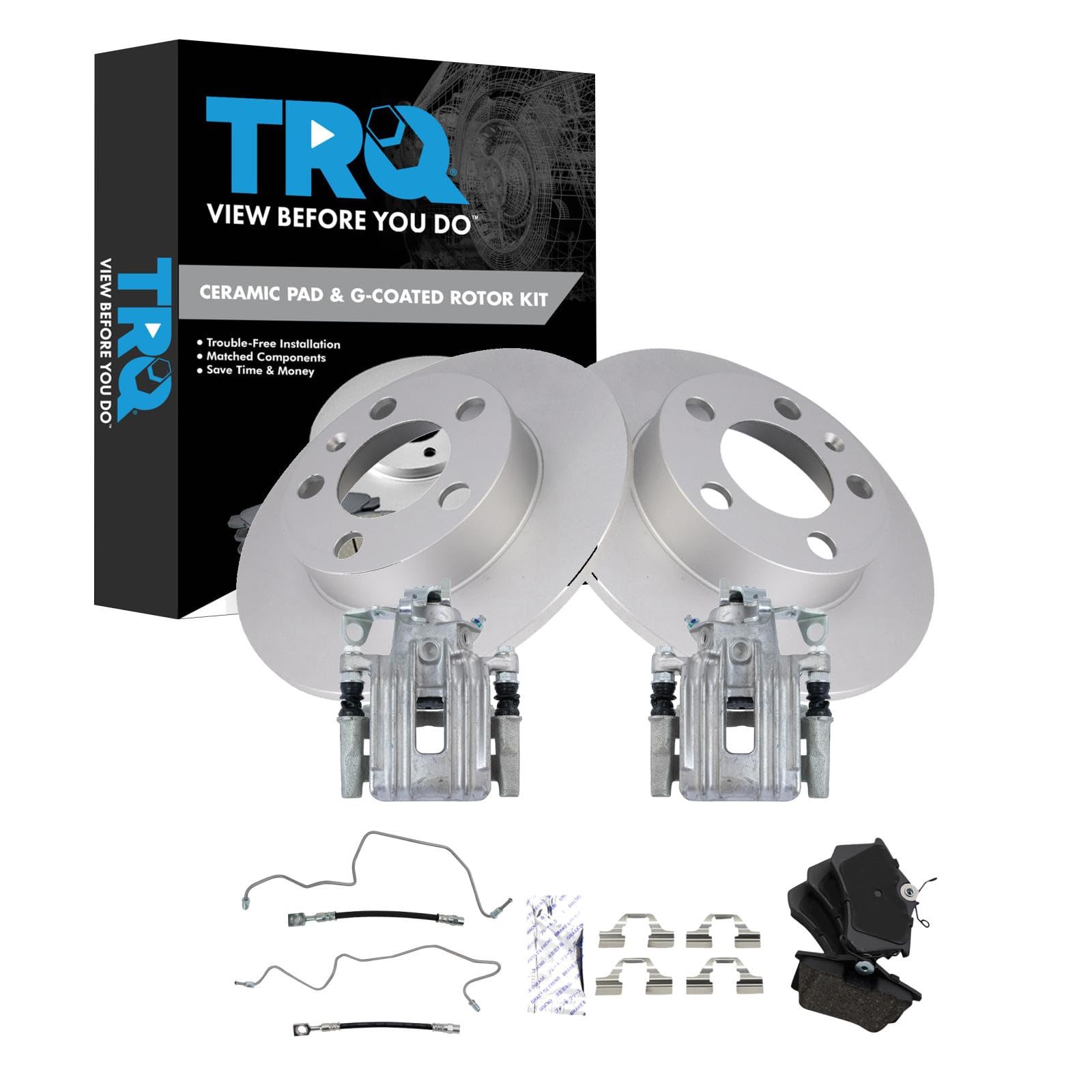 TRQ Rear Brake Pad and Rotor Set Ceramic Coated Calipers Compatible with 2000-2002 2006 Audi TT 2000-2002 2006 TT Quattro 1999-2004 Volkswagen Jetta