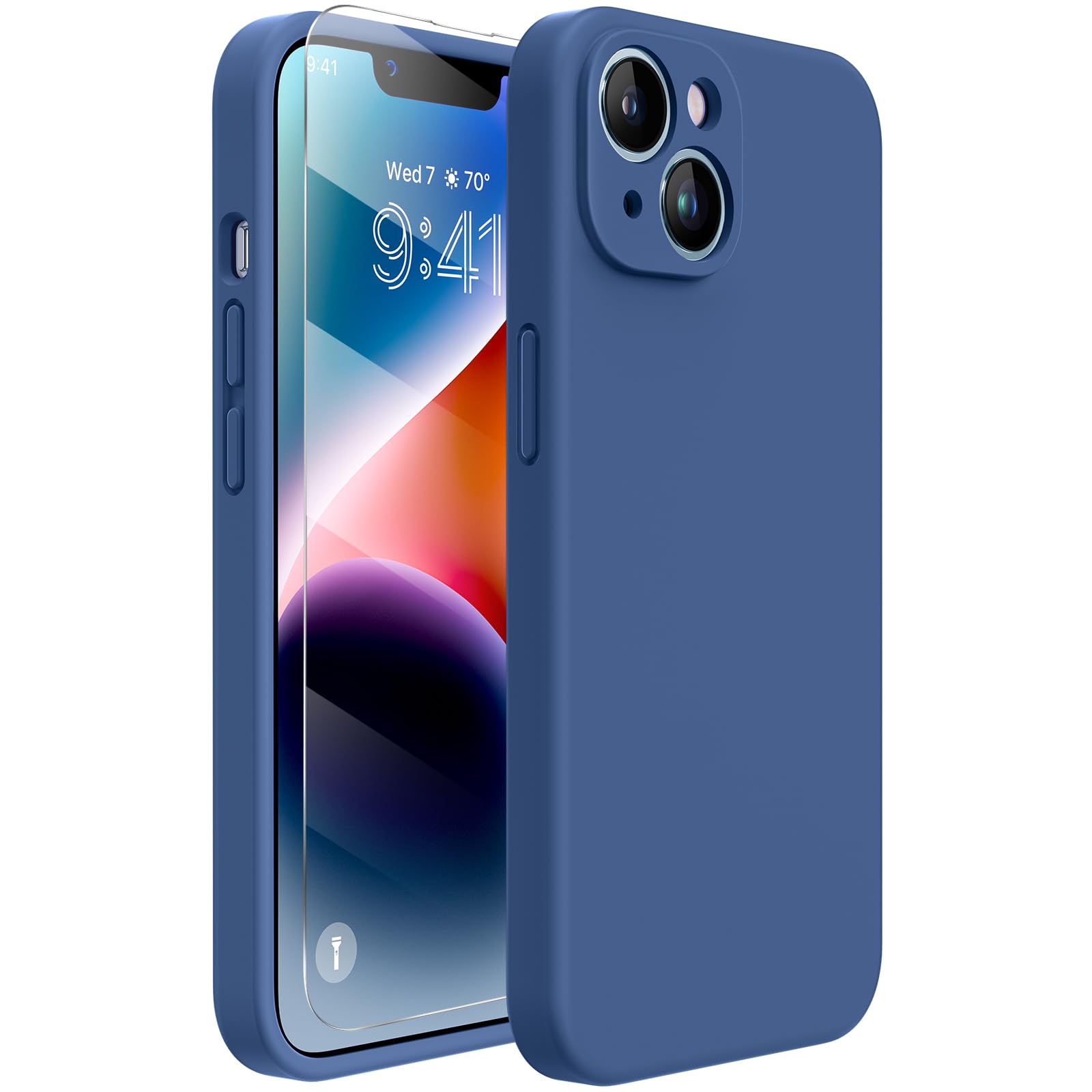Miracase Designed for iPhone 14 Plus Case with Screen Protector,[Upgraded Enhanced Camera Protection],Shockproof Liquid Silicone Case with Microfiber Lining,6.7 inch, Glass Blue