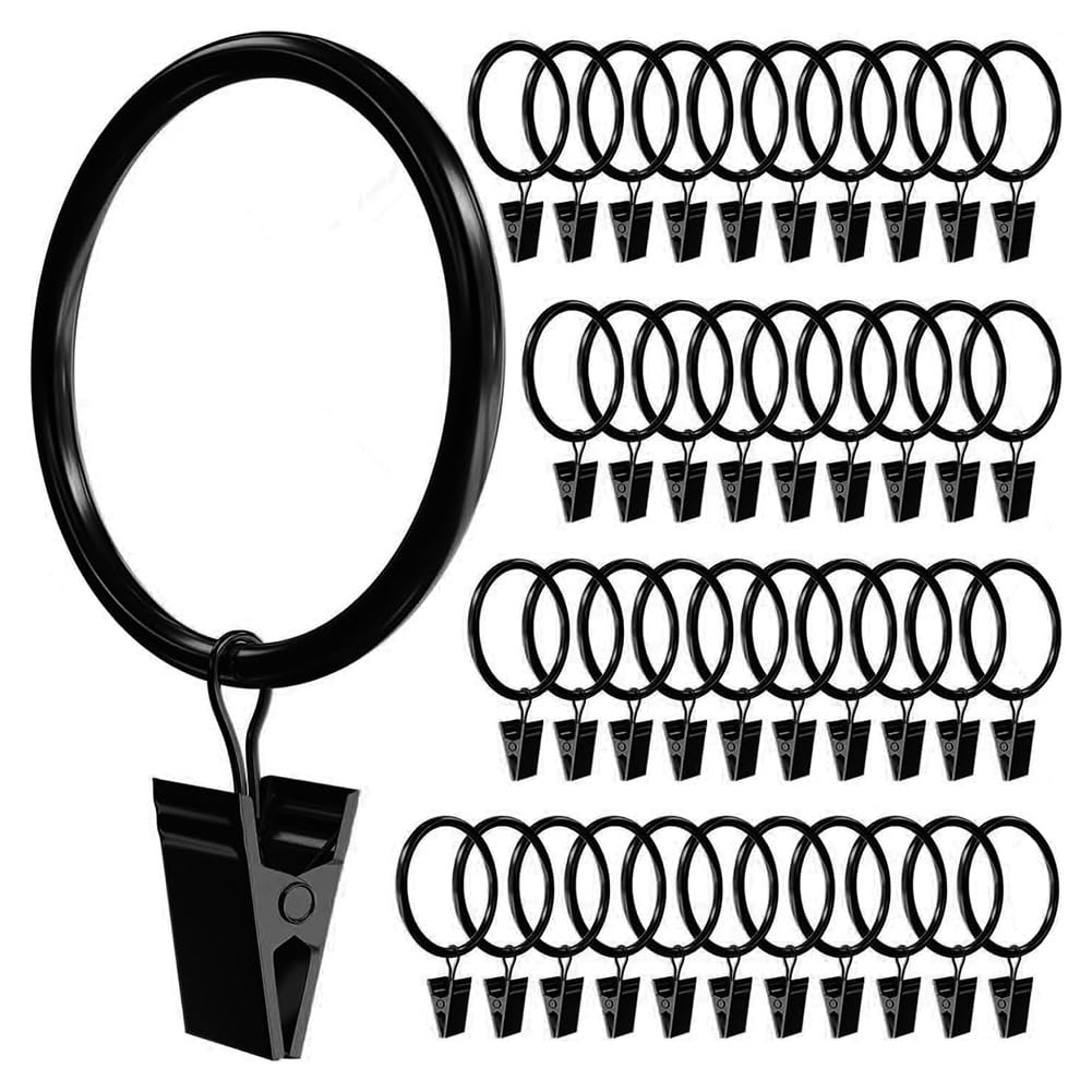 CTRLZS Drapery Rings, 1.5 Inch Diameter Curtain Rings with Clips, Hooks for Curtains, Fits Up to 1.2 Inch Rod- 40 PCS Set Black