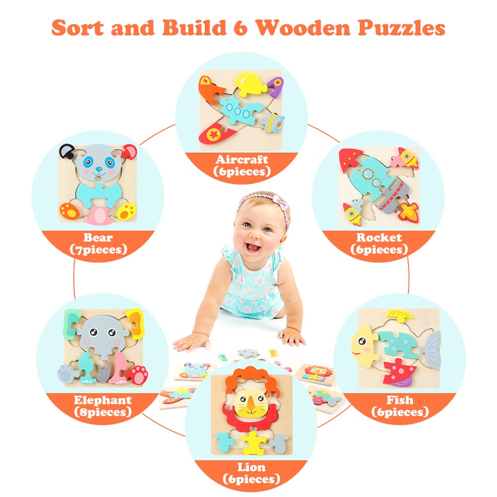 HOTUT Puzzles de Madera de Animales para Niños,6pcs Rompecabezas Puzzle Juguetes Bebes,Puzzles de Madera Juguetes Bebes, Montessori Puzzle Bebe Infantiles,para Niños