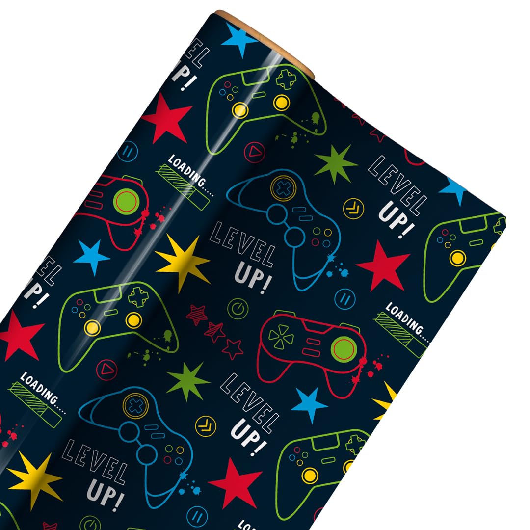 Level Up Gamer Gift Wrapping Paper Roll 3m – Gaming Controller Birthday Gift Wrap 70cm Wide, Recyclable Present Paper