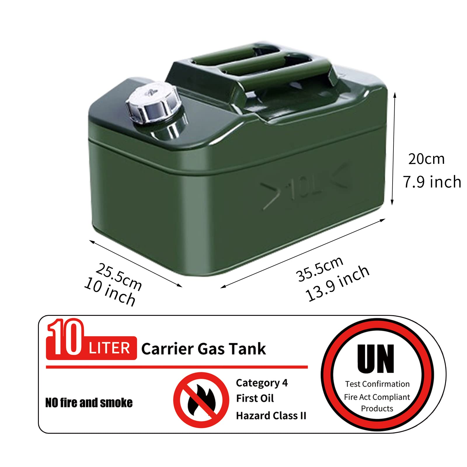 Jerrican en métal de 10 l avec bec flexible, approuvé par l'ONU pour essence, diesel et autres marchandises dangereuses – Vert