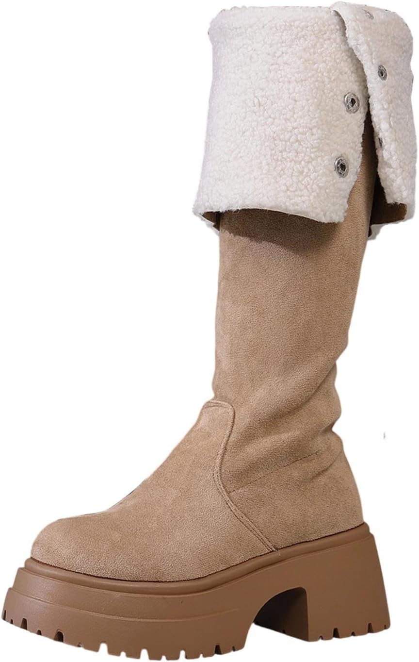 Fleece Cowgirl Boots for Women:Fashion Knee Thigh High Booties Foldable Chunky Heel Western Riding Footwear Shoes