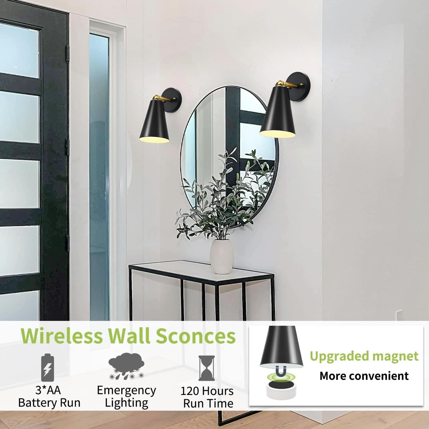 Battery Wall Sconces Set of Two Black, Farmhouse Battery Sconces Set of Two, Indoor no Hardwired Sconce with Remote, Dimming 120 hrs Wireless Sconces for Bedroom