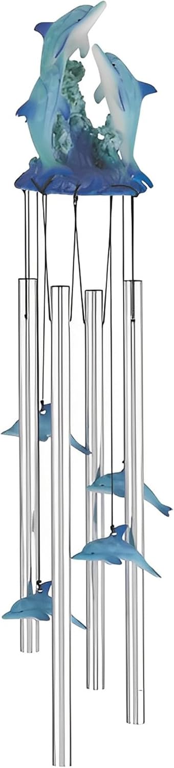 ICE ARMOR 23" Long Dolphin Swimming on Wave Round Top Wind Chime Statue Sculpture Ornament Decoration Garden Decor Ideas for Housewarming, Holidays and Birthdays Great Collectible