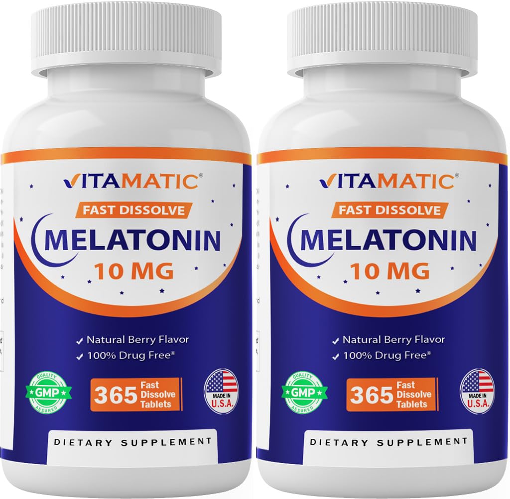 Vitamatic Melatonin 10 mg Tablets | Vegetarian, Non-GMO, Gluten-Free | 1-Year Supply | Natural Berry Flavor - 365 Tablets -2 Pack