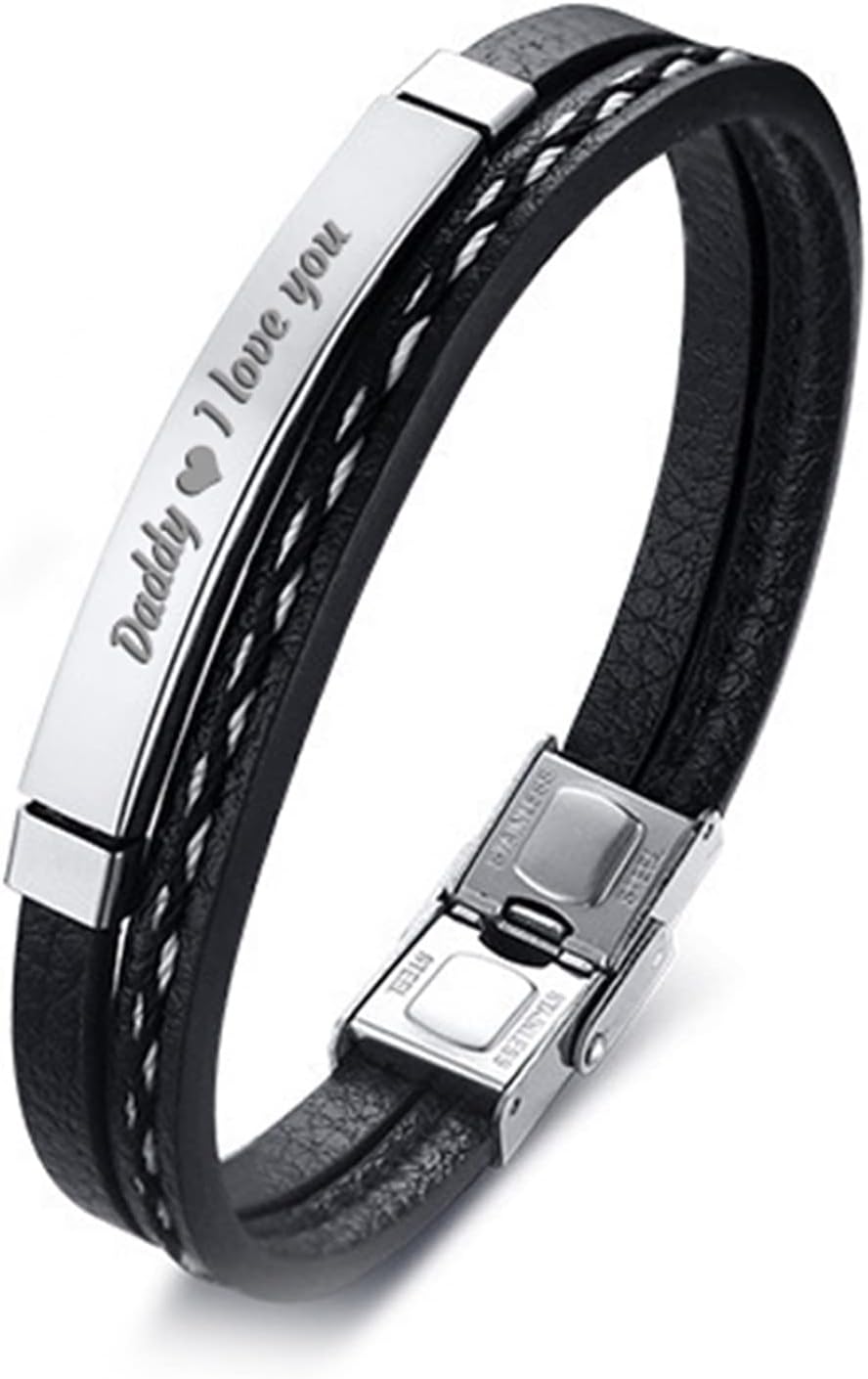 Daesar Mens Bangle Bracelets Stainless Steel Leather Weave Dog Tag Engraved Daddy I Love You Bangle Bracelets for Men ID Bracelet for Father Gift