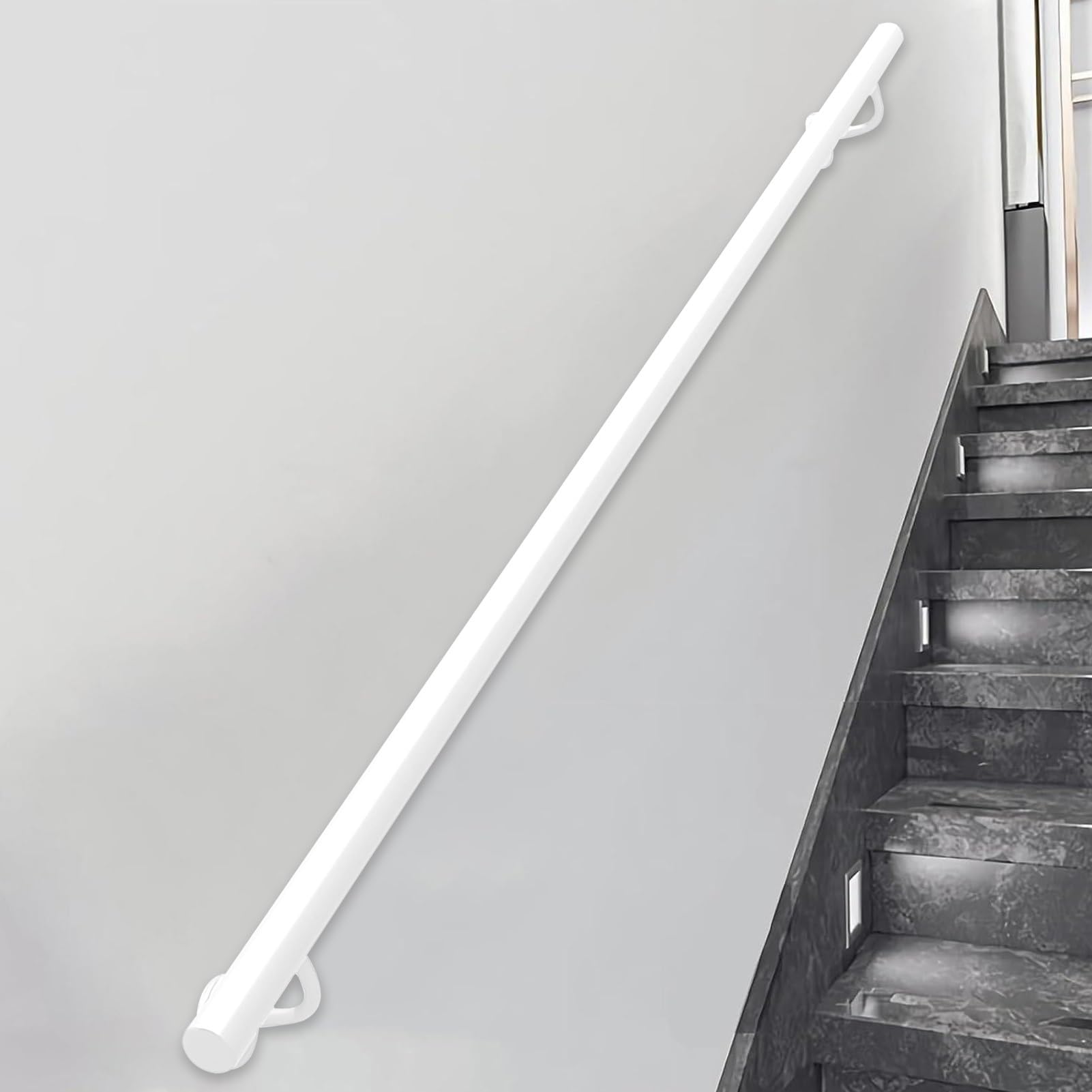 Corrimano Bianco per Gradini Interni ed Esterni, 1 2 3 4 5 6 Metri Ringhiera Scala in Ferro Zincato in Metallo Asta di Supporto di Sicurezza, Corrimano per Scale a Parete(60cm)