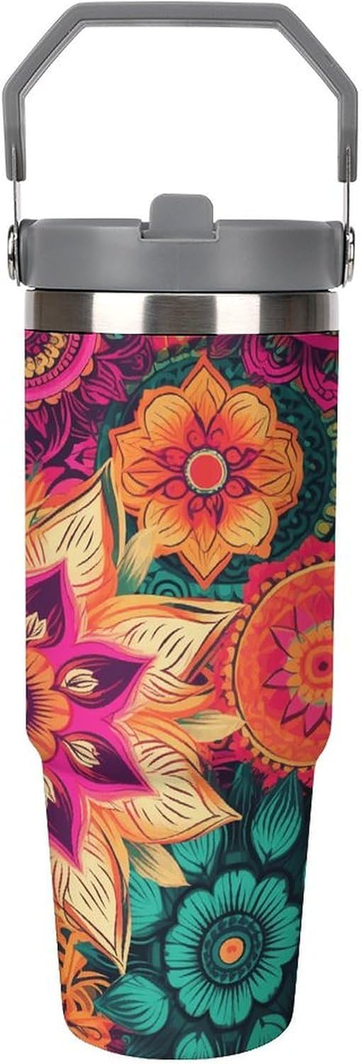 Boho Mandala Colorful Flowers Water Bottle 30 Oz Fits Car Cup Holder,Insulated Coffee Mug Large Capacity Car Cups,Stainless Steel Double Wall Sport Bottle for Travel Sports Gym