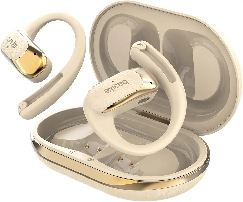 Fone de Ouvido Bluetooth, Basike Fone sem Fio OWS Bluetooth 5.4, Som Estéreo HD, Cancelamento de Ruído, Bateria de 24h, Compatível com Android/iOS/HarmonyOS para Corrida e Fitness(Cáqui)