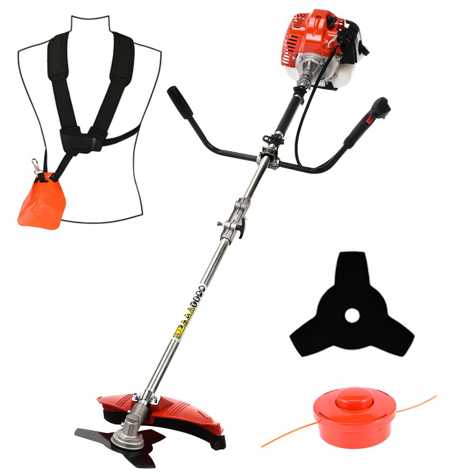 Débroussailleuse Thermique à 52cm³ 2 Temps 2,2KW, Debrouissalleuses à Dos avec Lame 3 Dents et Tête de Coupe en Nylon, pour Jardin et Défrichage (Rouge)