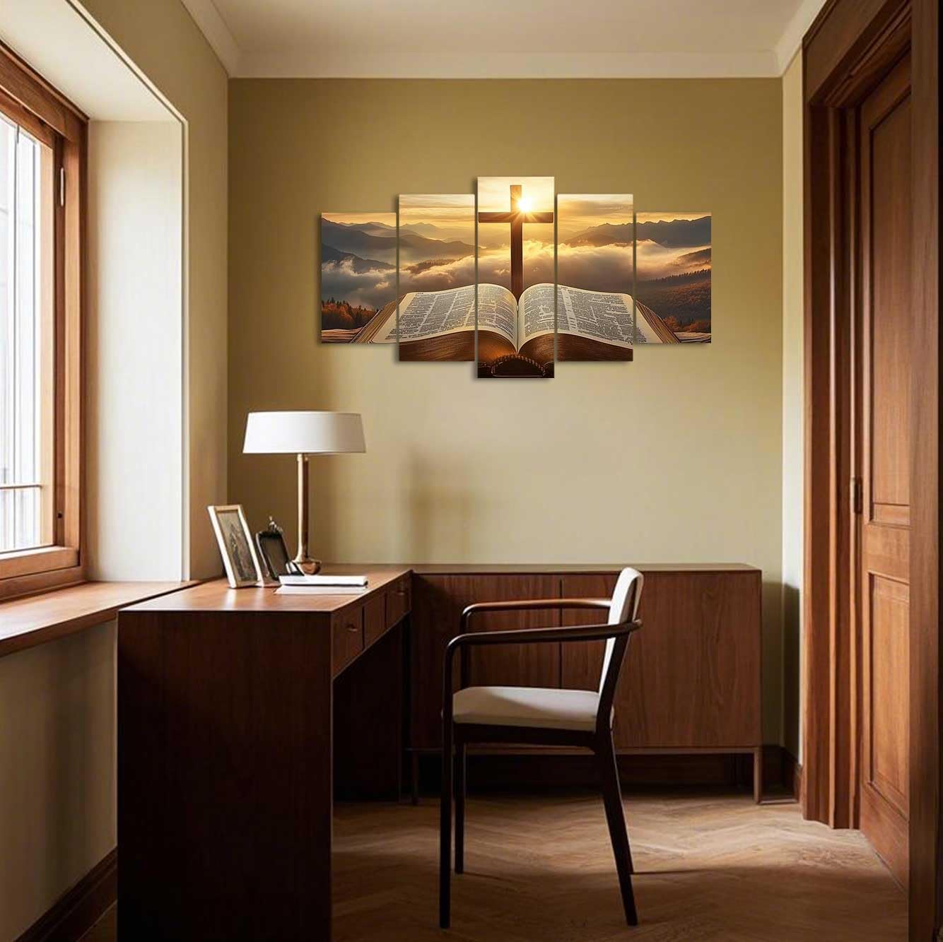 ZXHYWYM 5 Stück christliche Bilder Jesus Bibel und Kreuz Gemälde Sonnenaufgang Landschaft Leinwanddrucke religiöse Schrift Poster Wohnzimmer Büro Dekoration ((55L x 100B cm))