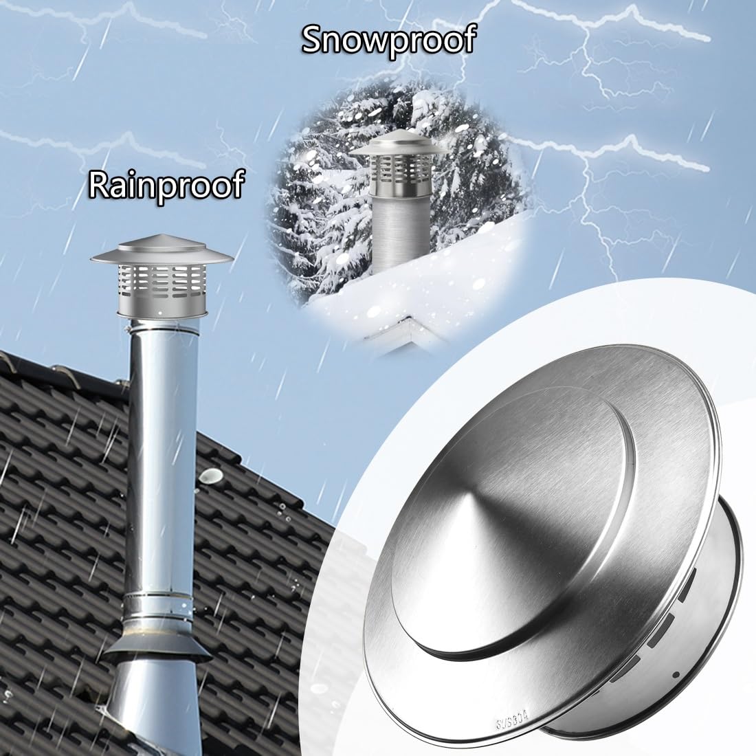 Cappellino Per Camino 11 Cm 16 Cm 20 Cm 25 Cm 30 Cm Comignolo Verticale Per Tetto In Acciaio Inox 304, Comignolo Cappello Per Stufe A Legna O Pellet Caldaie, Tappo Antipioggia(25 cm-9.8 in)