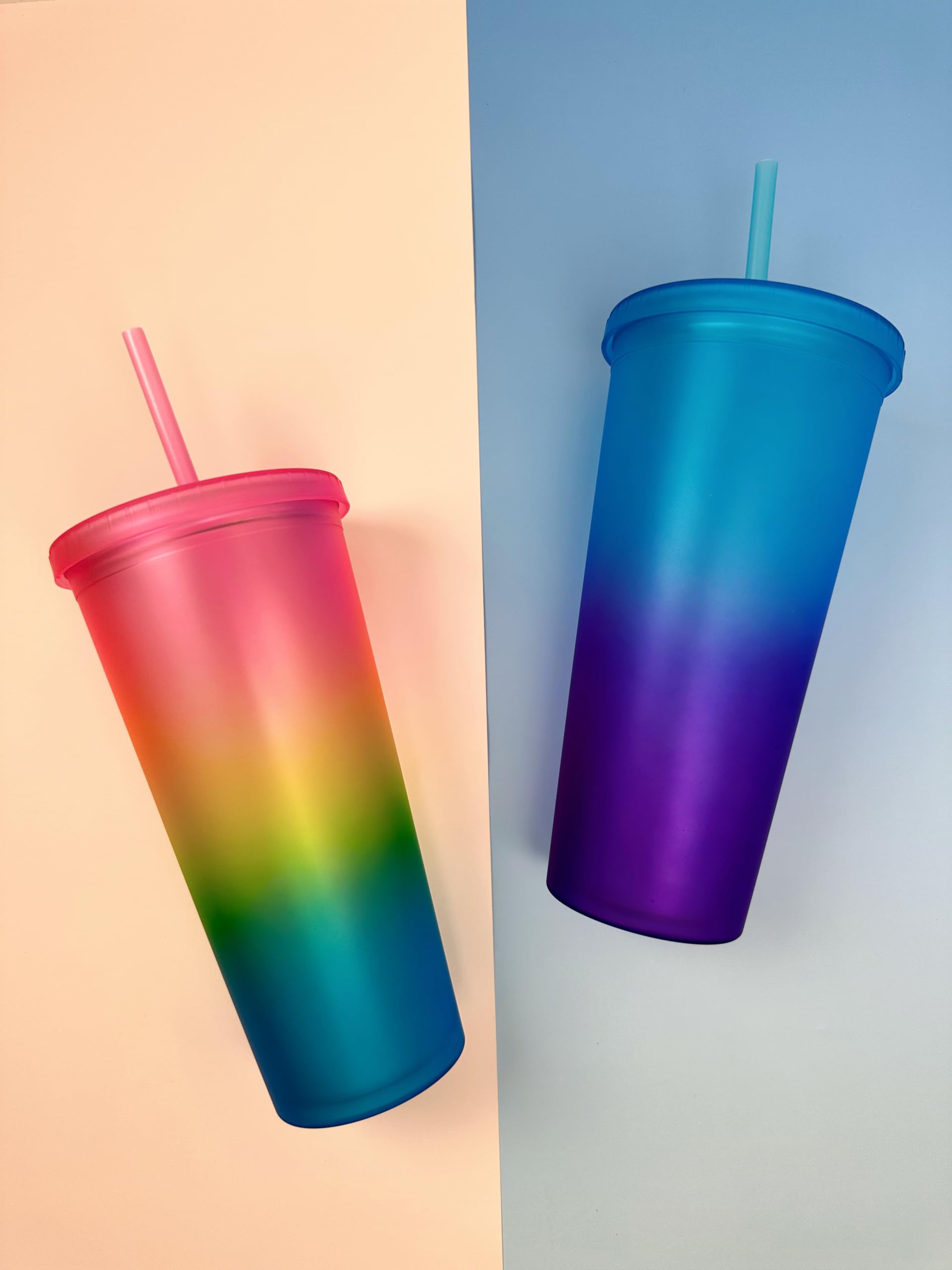 LINDACA 24oz/710ml Double Wall Gradient Colour Reusable Plastic Cup with Lid and Straw (Pink), Large - Image 4