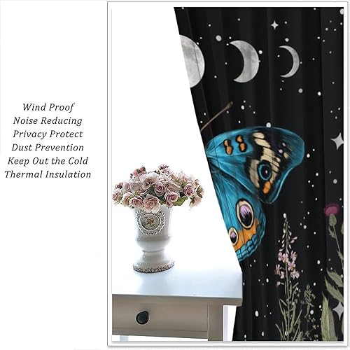 Miniatura 5 de Cortinas de mariposa y polilla floral para niños y niñas, estilo bohemio, flores silvestres, fase lunar, botánicas, retro, cielo estrellado,