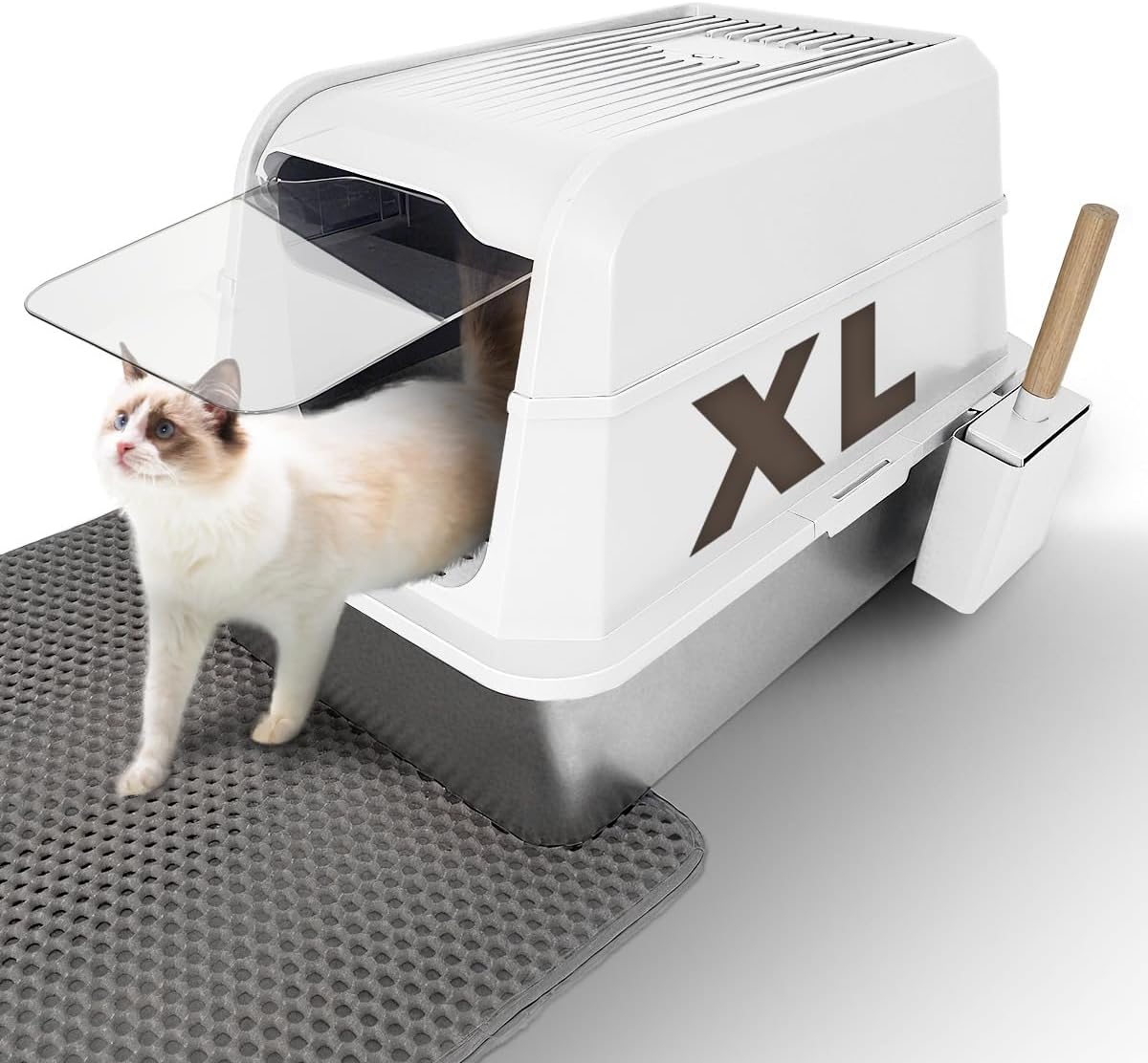 Stainless Steel Litter Box with Lid - Extra Large Cat Litter Boxes for Big Cat with Mat & Scoop - Anti-Leakage, Odor-Proof, High-Sided, Non-Stick and Easy to Clean - Ideal for Multi-Cats Homes - White