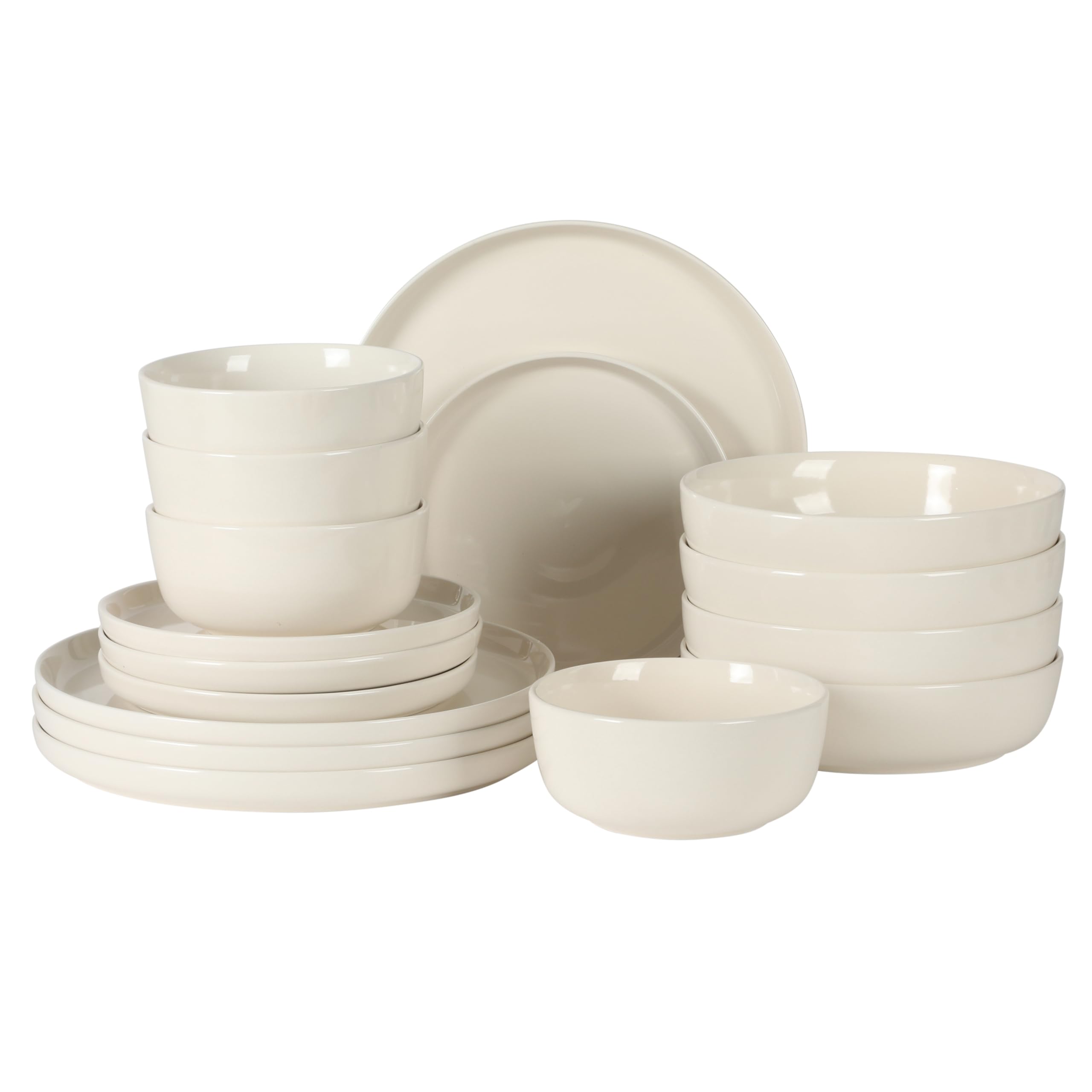 Gibson Home Serenity 16-teiliges modernes Porzellan-Geschirr-Set für 4 Personen, Leinen-weiße Teller und Schüsseln, Speiseteller, Salatteller, Nudelschalen, Müslischalen