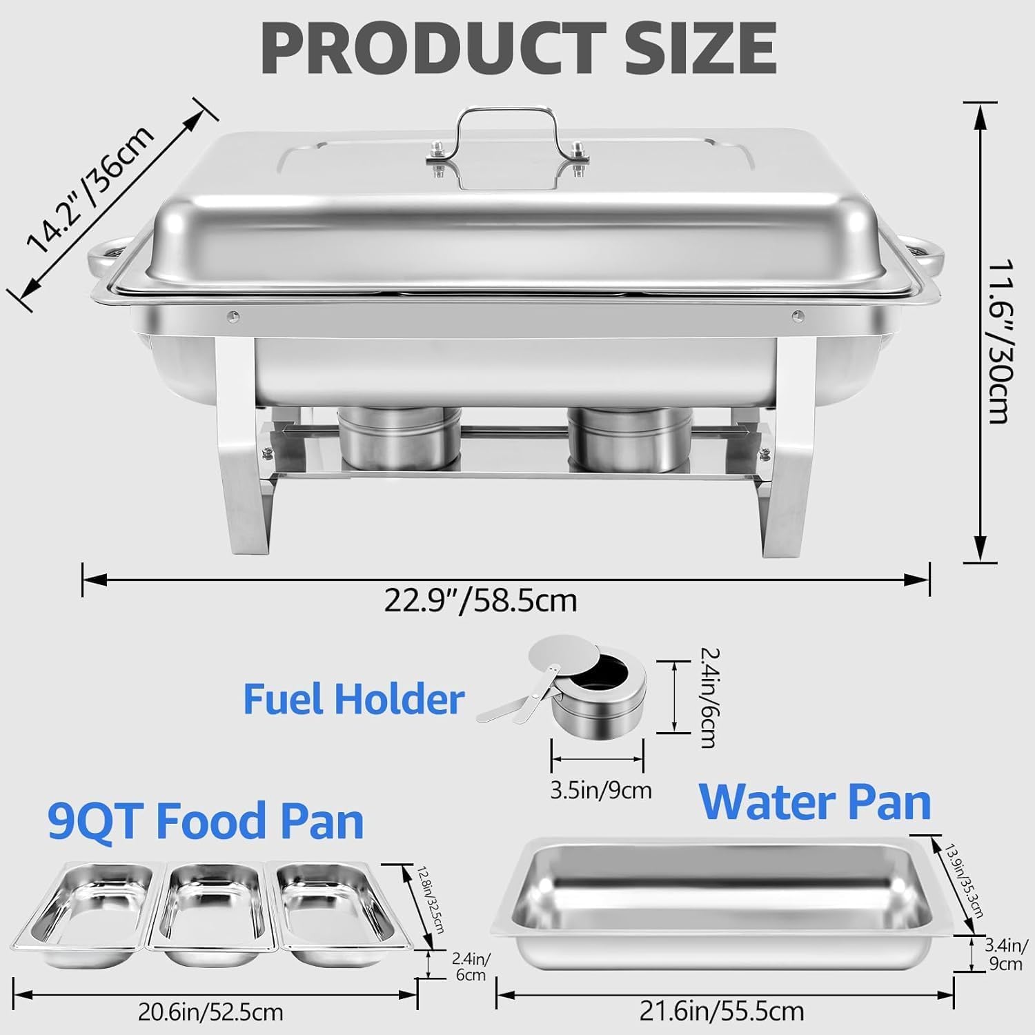 Paquete de 6 platos para bufé de calentadores de alimentos de acero inoxidable de 9 cuartos de galón y calentadores de buffet, juegos de chafers de catering comercial, 12 sartenes (tamaño