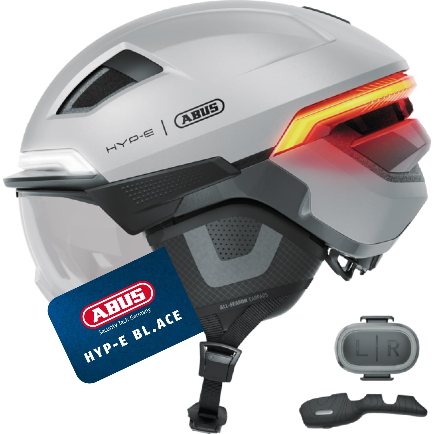 ABUS Fahrradhelm HYP-E BL.ACE - mit Front-, Rück- und Blinklicht sowie kabellos zu aktivierendem Bremslicht - mit Visier und Ohrenschützern - für Fahrrad, E-Bike und S-Pedelec