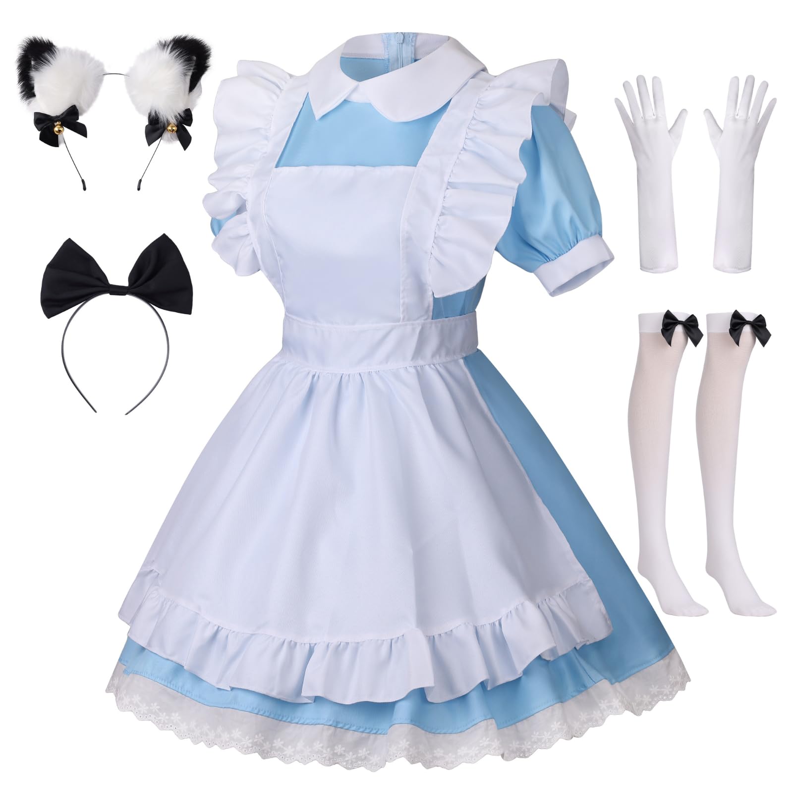 maxToonrain Maid Costume Women Alice Doll Collar Dress Gifts Maid Outfit Set for Womens Girls Dress Up(Blue & White 6 Pcs,3XL)