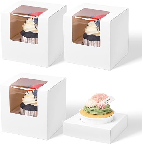 Moretoes 30 cajas para cupcakes, 3.5 pulgadas, cajas individuales premontadas para pasteles blancos con ventana, recipientes individuales para