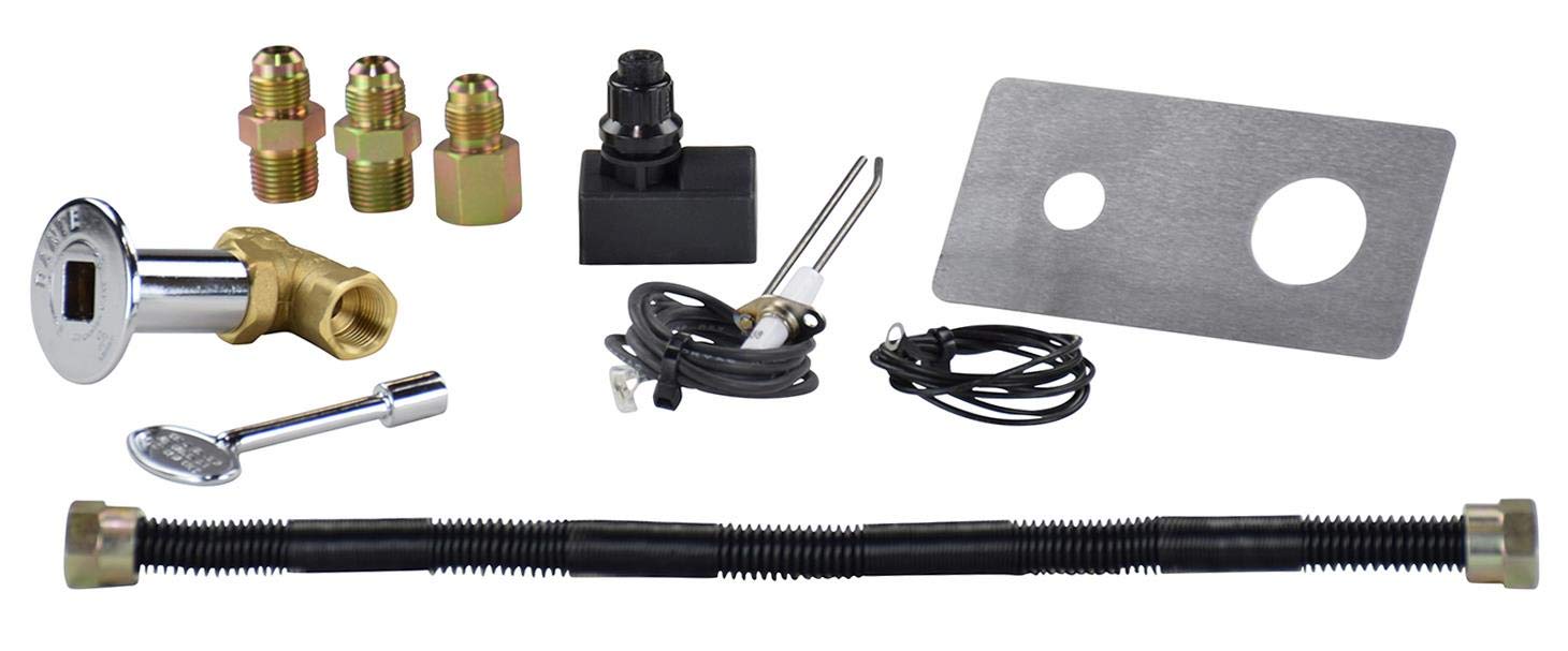 Dreffco Fire Pit Gas Burner Kit- Complete Kit with 1/2" Non-Whistle Flex Line, Matched Ball Valve, Complete Spark Ignition Start Kit and Chrome Face Mounting Plate