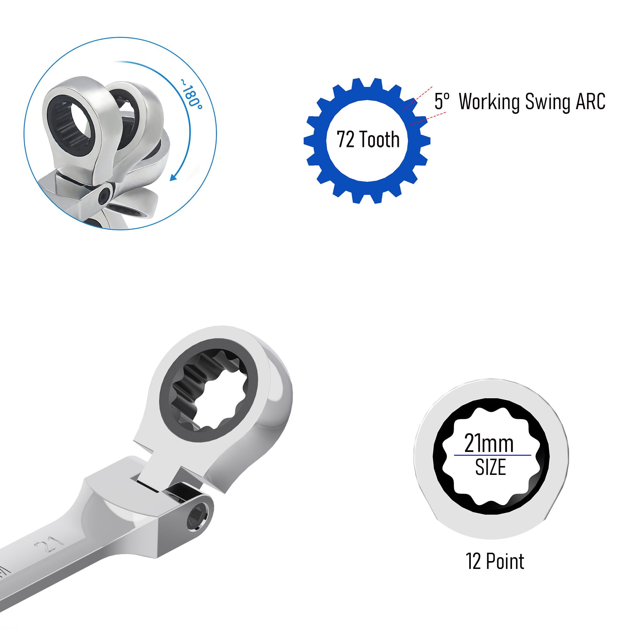 FOCMKEAS 21mm Flex-Head Ratcheting Combination Wrench Metric 72 Teeth 12 Point Ratchet Box Ended and Open End Spanner Tools - Image 3