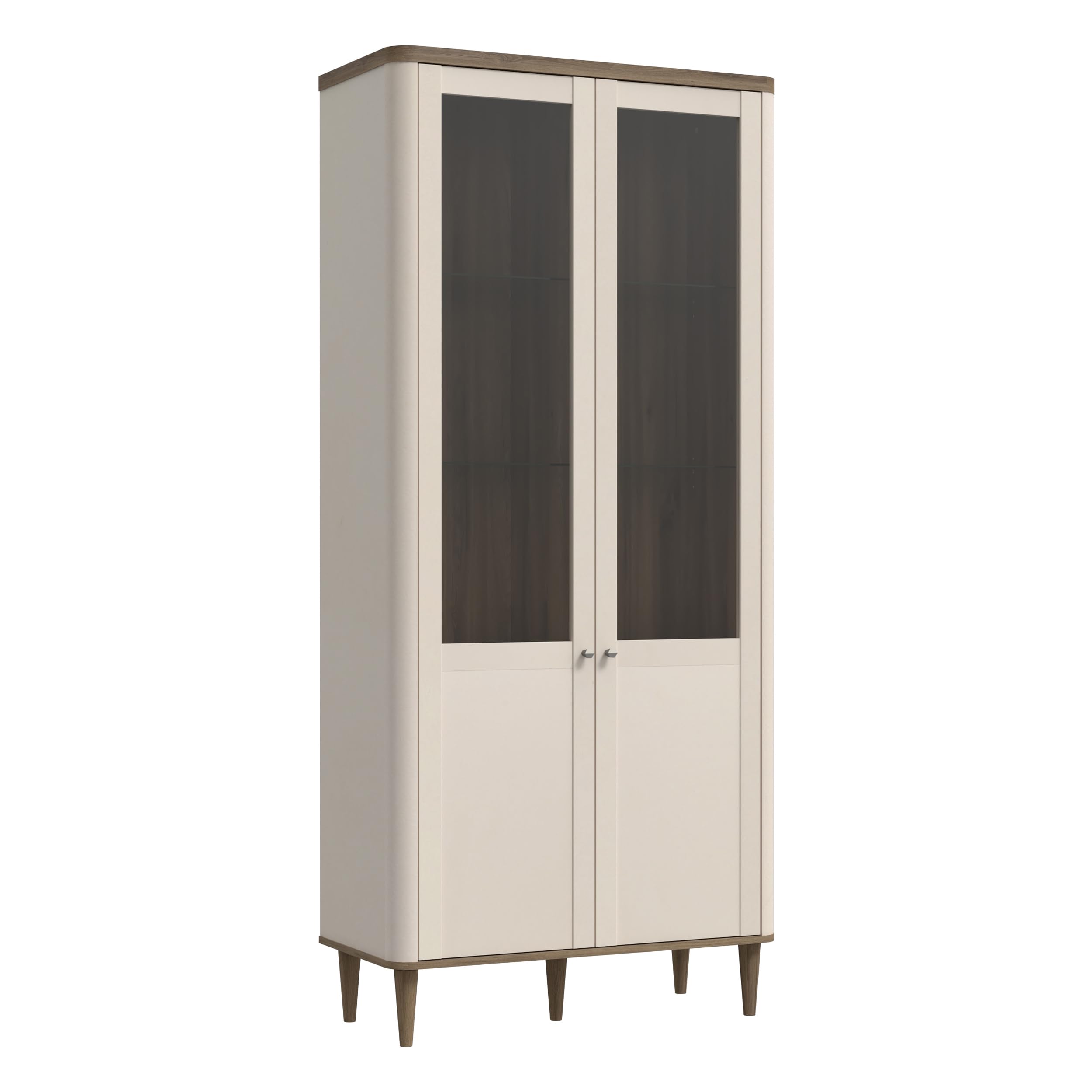 Forte LACETTI Vitrine 90, Moderne Wohnzimmervitrine mit Skandi Lamellen Design, 2-türig, Holzwerkstoff, Kaschmir | Beige mit Valencia Eiche Holzdekor, 90,1 cm breit x 200,5 cm hoch x 41,2 cm tief