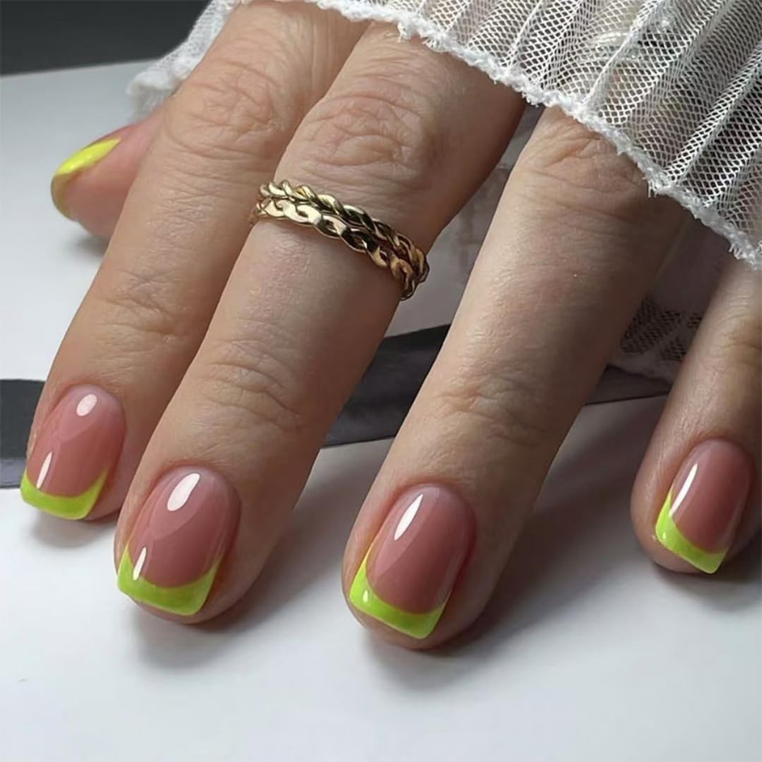 SXVME 30 Pcs Acrylic Press on Nails Short Square, Light Green French Tip False Nails Short Coffin - Image 2