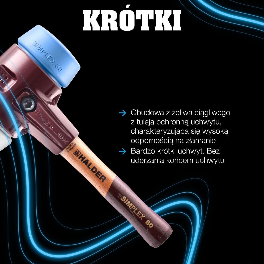 Simplex 3027.282 młotek ochronny, kompozycja gumowa, z podstawką/superplastik; z obudową z żeliwa ciągliwego i wysokiej jakości bardzo krótkim drewnianym trzonkiem | śr. = 80 mm/wersja trzonka =