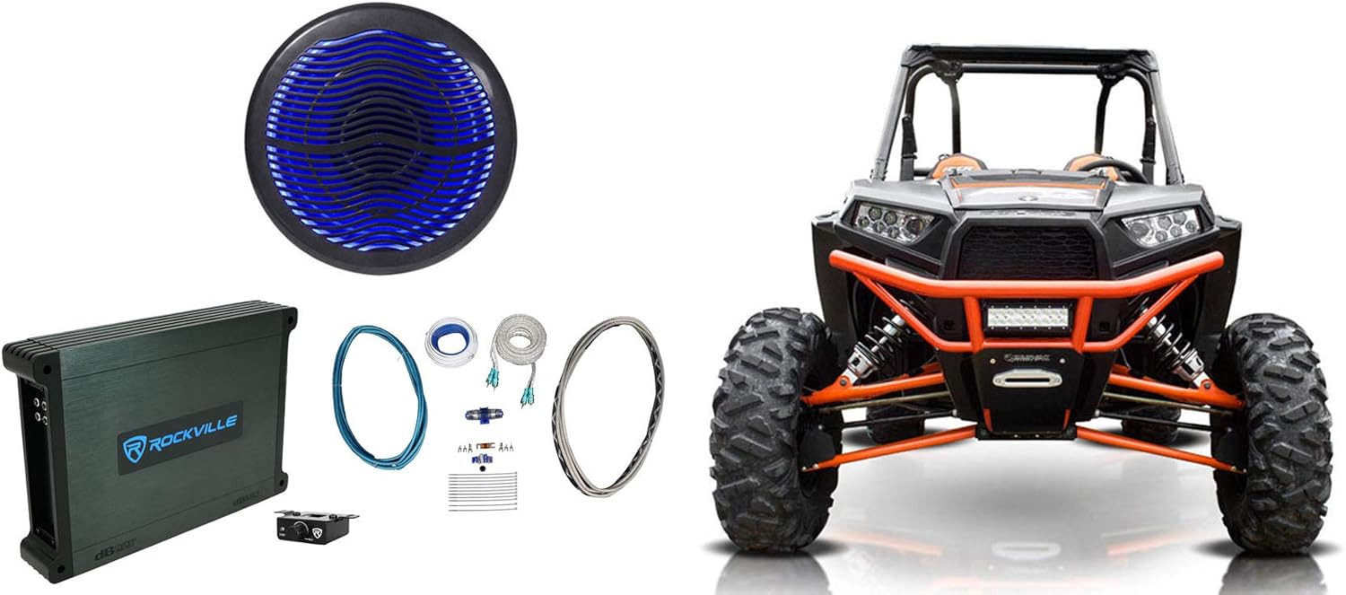 Rockville MS10LB Bundle: 10-in 2400-Watt Marine Free Air Subwoofer with LEDs, dBM12 500-Watt RMS Marine Amplifier with Bass Remote, RMWK4 4-Gauge Waterproof Amp Wiring Kit for RZR/ATV/UTV/Cart 3-items