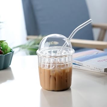 TITA-DONG Cute Drinking Glasses with Dome Lid and Straw, Reusable Wide Mouth Smoothie Cups 15oz Glass Coffee Iced Cup Tumbler Glass Bubble Tea Cup for Coke Soda Home Office Bar((Gray)