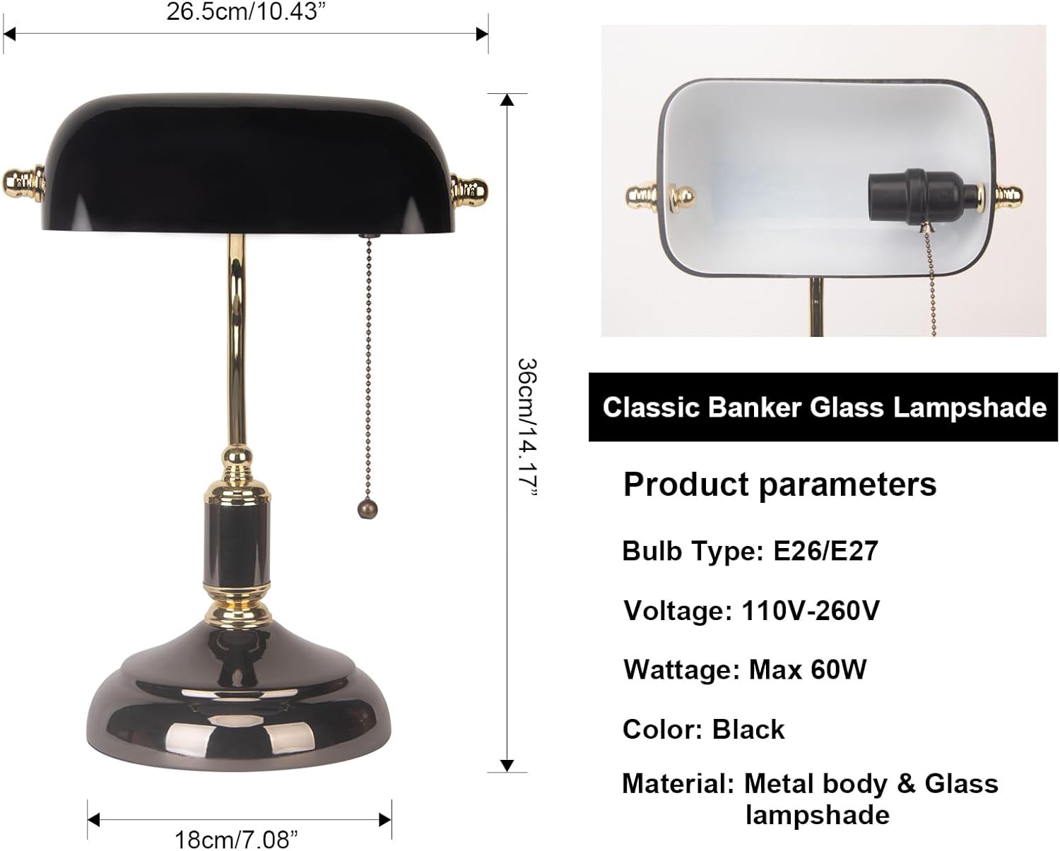 FIRVRE Bankers Desk Lamp with Pull Chain Switch Plug in Fixture, Black Glass Shade Desk Lamps, Golden and Black E26 Base, Traditional Library Lamp for Office,Piano,Study Room